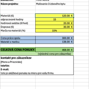 Vytvorím prehľadnú Excel kalkulačku cenových ponúk pre vašu firmu / živnosť