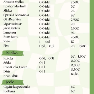 Cenník menu a nápojový lístok na mieru